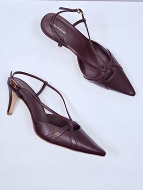 Reformation Patty Burgundy  Embossed Leather Pointed Toe Slingback Heels Sz 7.5